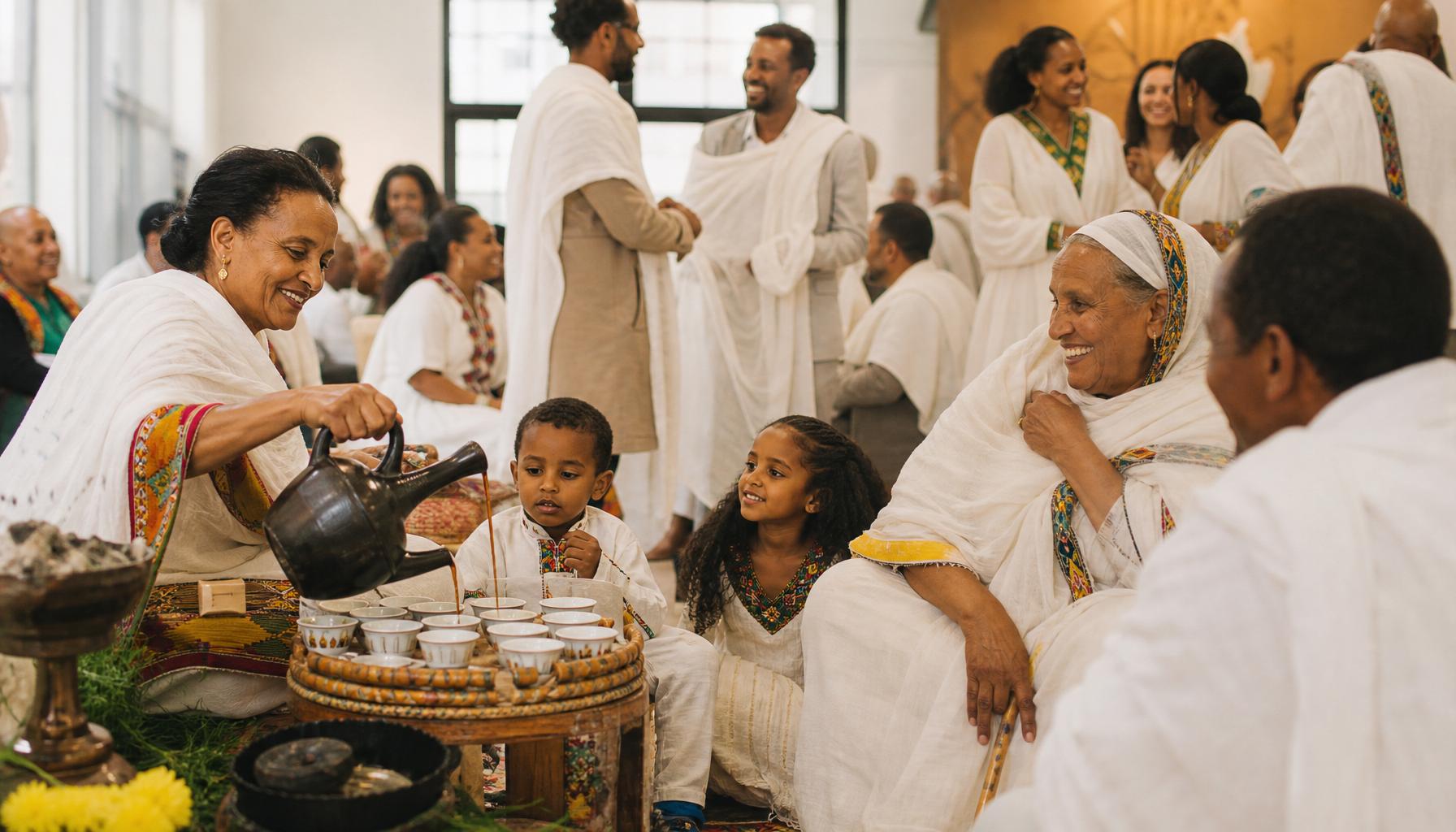 Tigrayan community gathering with elders, families, and children sharing a traditional coffee ceremony